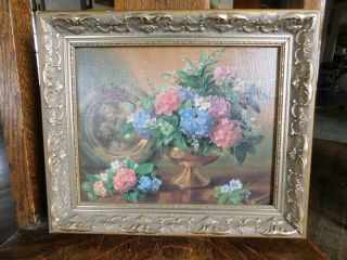 Vintage Oil On Painting - Pink White Purple Hydrangea Floral In Vase - Still Life
