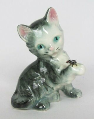 Vintage Goebel Germany Gray Cat With Beetle Bug Insect On Paw Figurine