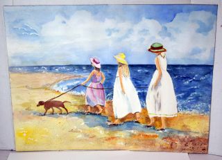 24 " Watercolor Painting Three Women Girls Sisters Seashore Puppy Dog Walk Haynes