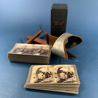 Antique Wooden Stereo Viewer / Hand Held Stereoscope & 36 Underwood Slides Boxed