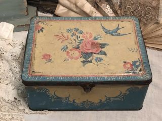 Best Shabby Sweet Cottage Chic Vtg Blue Bird Toffees & Chocolates Tin Pink Rose