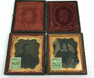 2 Father,  Daughter Antique Ambrotype Photos,  Post - Mortem W/ Cases,  Stamp,  1/6th