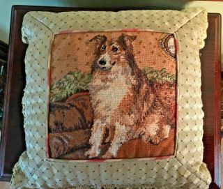 Vintage Needlepoint Collie Dog Pillow / Cushion