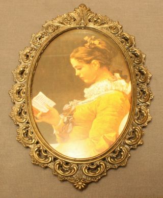 Vintage Ornate Brass Picture Frame With Convex Bubble Glass,  Young Girl Reading