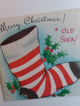 Merry Christmas Old Sock 1950s Vtg Embossed Greeting A - Meri - Card