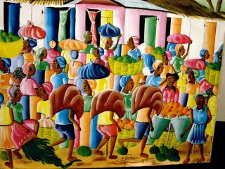Etienne;vintage Oil;sgn;haitian;haiti;market Scene;c.  1950s;landscape;nr