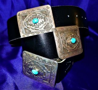 Vintage Old Pawn Navajo 10.  5oz Marked Sterling Silver & Turquoise Conchos Belt