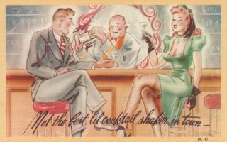 Vintage Comic Risque Sexy Lady At Bar With Cocktail Man Postcard - As