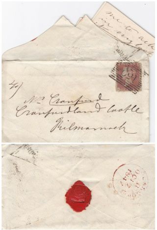 1847 Qv Cover With A 1d Penny Red Stamp Sent To Craufurdland Castle Kilmarnock
