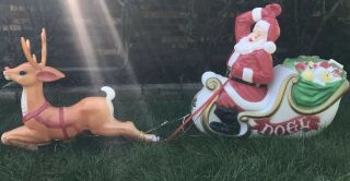 Vtg Empire Blow Mold Light Up Large Santa Claus Sleigh W/1 Reindeer Christmas