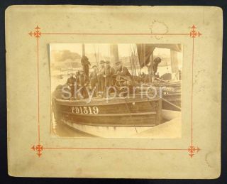 2x 19th Century Photographs Peterhead Scottish Fishing Boats & Crew In Harbour