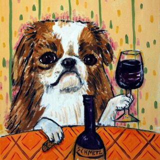Japanese Chin Dog Wine Art Tile Coaster Impressionism Animals Artist Gift