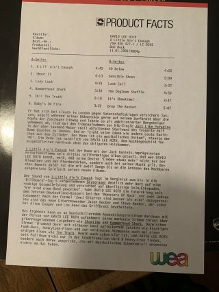 David Lee Roth A Little Ain’t Enough German Press Promo LP With Promo Letter 2