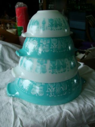 Pyrex Amish Aqua Butterprint Cinderella Bowls Complete Set Of 4