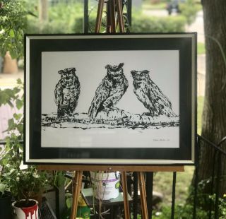 Framed 1970 Sophie Fordon Woodblock Etching Print Mid Century Modern Signed Owls