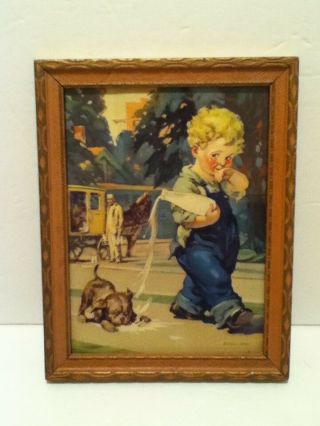 Vintage Darling Cute Boy & Dog Picture In Glass Frame Signed: R.  James Smart