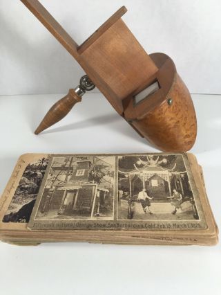 Vintage Wooden Handheld Stereoscope 3d Viewer W/ Handle Handle & 19 Cards