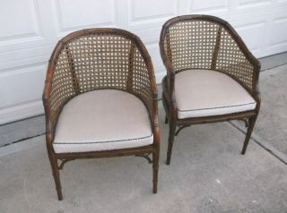 Pair Vintage Faux Bamboo Cane Barrel Arm Chairs