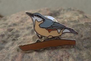 American Nuthatch Picidae Climbing Clinging To Tree Trunk Bird Brooch Pin Badge