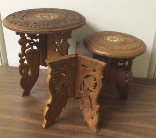 Set Of 2 Vtg Hand Carved Wood Display Stands W/ Inlay Made In India