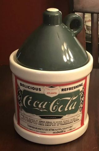 1993 Coca - Cola Ceramic Jar Stoneware Crock Cookie Jar W/ Green Lid