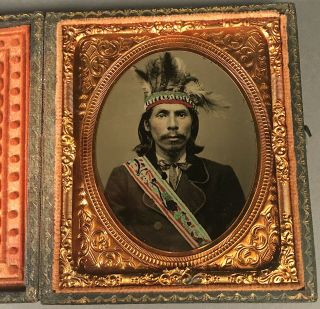 1/6 Plate Ambrotype Of An American Indian W/ Painted Headdress,  Sash,  Full Case