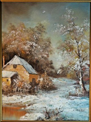 Vintage Framed & Signed Oil Painting On Canvas: Cottage In Winter,  By C.  Inness