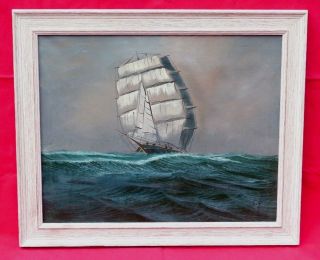 Old Tall Sailing Ship Vessel At Sea Seascape Oil Painting Signed Bont Holland M