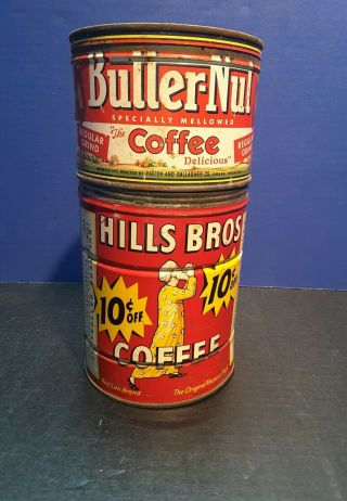 2 Vintage Coffee Tins Butter - Nut & Hills Bros Metal Advertising Cans