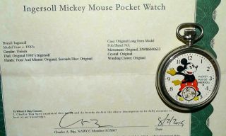 Disney 1934 Ingersol " Mickey Mouse Pocket Watch ",  Keeps Time - Serviced,  N.  Mint