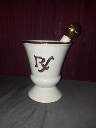 Vintage Rx Mortar And Pestle Gold White Ceramic Footed Pharmacy