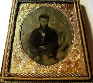 1/6 P Tintype Civil War Soldier Issac Nichols Sny Us Flag,  Tents,  Cannons 1/2 Case
