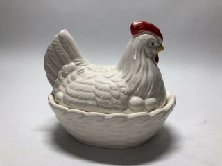 Vintage Ceramic Hen On A Nest - Made In Japan - White Covered Candy Dish