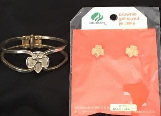 Vintage Girl Scout Brownie Hinged Bangle Bracelet Elf Logo Earrings