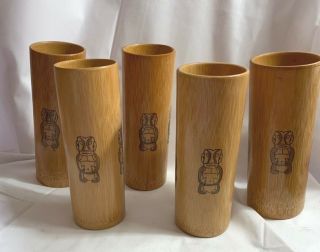 Set Of 5 Vintage Carved Real Bamboo Cup Tumbler Tall Japan With Tiki Art 7 "