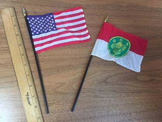 Vintage Bsa Boy Scouts & Usa Desk Top American Mini 2 Flag Set American