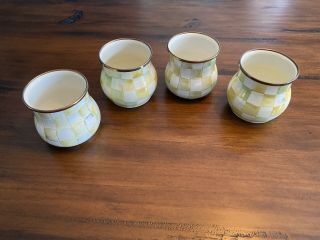 Set Of 4 Mackenzie Childs Parchment Check Hand Painted Enamel Coffee Tea Mugs