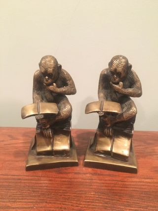 Vintage Brass Chimpanzee Monkey Bookends Reading Book Decorative Collectible 7 "