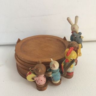 Vintage Set Of 5 Wood Coasters Mini Wooden Animals Marching Band C