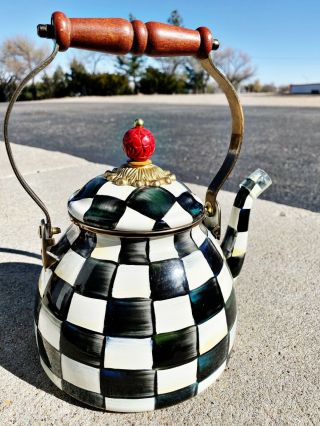 Mackenzie Childs Courtly Check Enamel Tea Kettle W/ Red Knob - 2 Quart Tea Pot