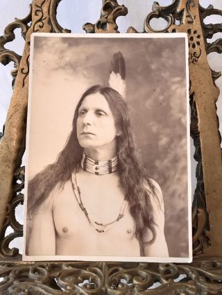 Exceptional Antique CDV of Native American Man w/ Tattoo,  Feather,  & Beads 2