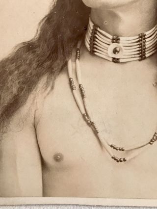 Exceptional Antique CDV of Native American Man w/ Tattoo,  Feather,  & Beads 3