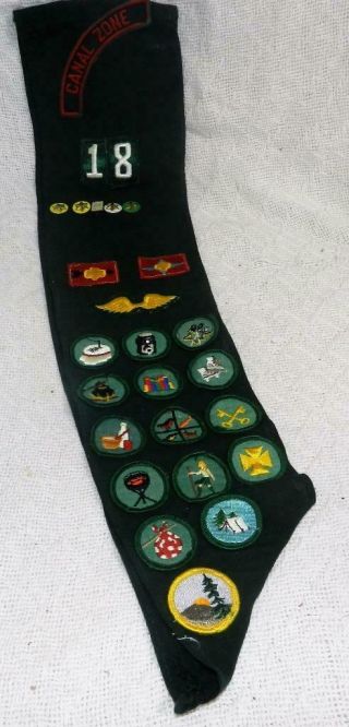 Vintage Girl Scouts Green Sash Canal Zone 18 - 4 Stars,  17 Merit Badges