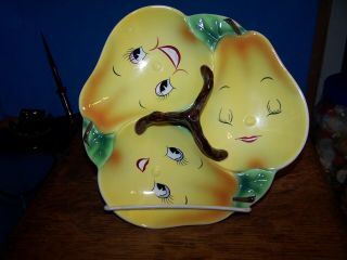 VINTAGE ANTHROPOMORPHIC PY NC PEAR TRIPLE DISH WITH BRANCH HANDLE 2