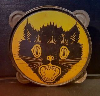 Vintage Tin Litho Halloween Black Cat Tambourine Made In Usa