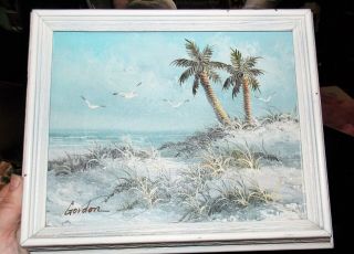 Vintage Gordon Ocean Palm Tree Beach Oil Painting 1970 