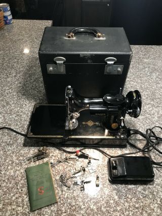 Vintage 1949 Singer Featherweight 221 - 1 Sewing Machine W/case & Attach.  -