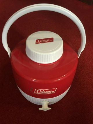 Vintage Red Coleman Metal Water Jug Cooler With Cup/lid Thermos Camping Sporting