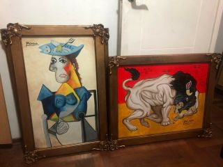 Two Pablo Picasso Artist Oil Painting On Canvas Signed Framed