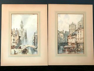 Pair - Antique Watercolors Venice,  Italy,  Done In Blues Old Unsigned,  But Good